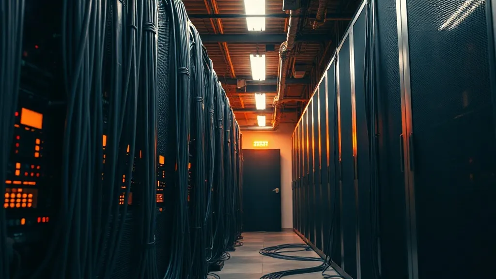 Industrial server room with heavy cables, warm amber lightin