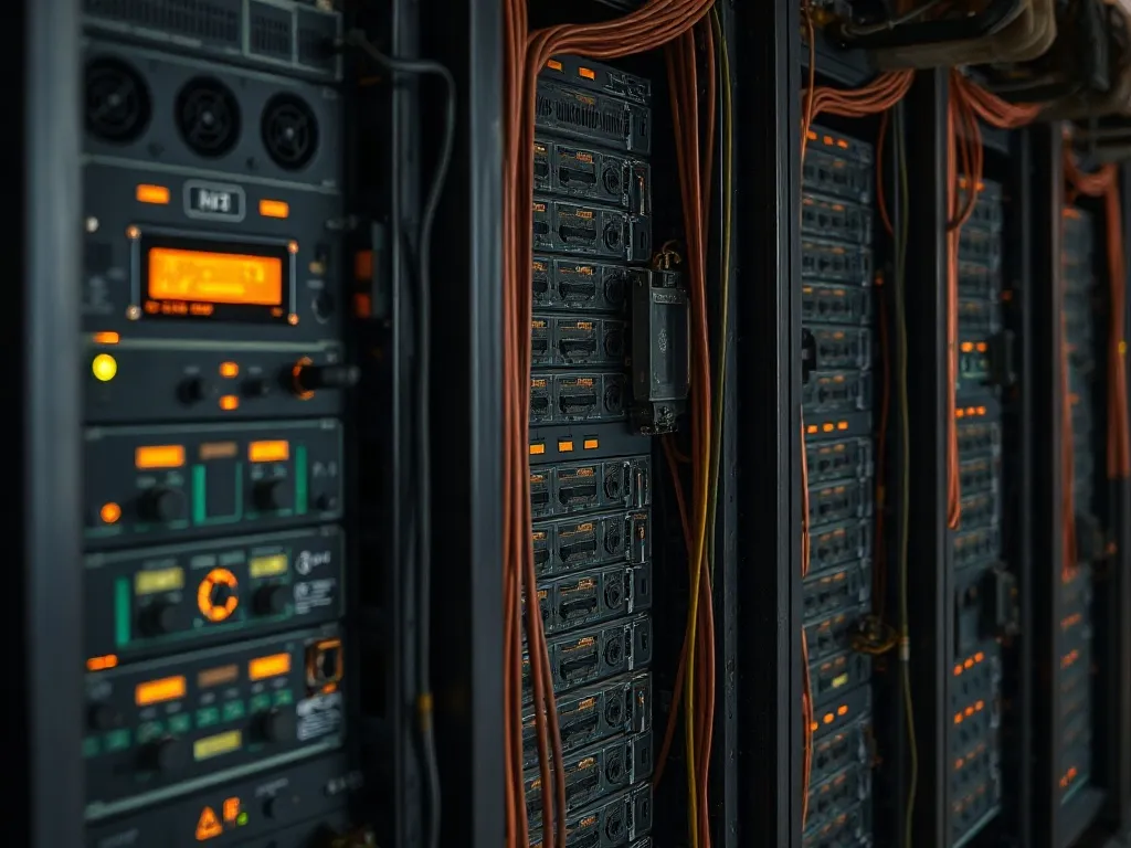 A high-contrast macro photograph of old dusty computer serve